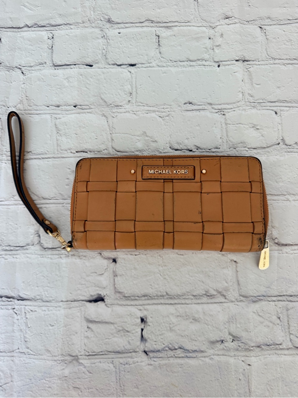 Michael Kors Tan Woven Leather Zip-Around Wristlet